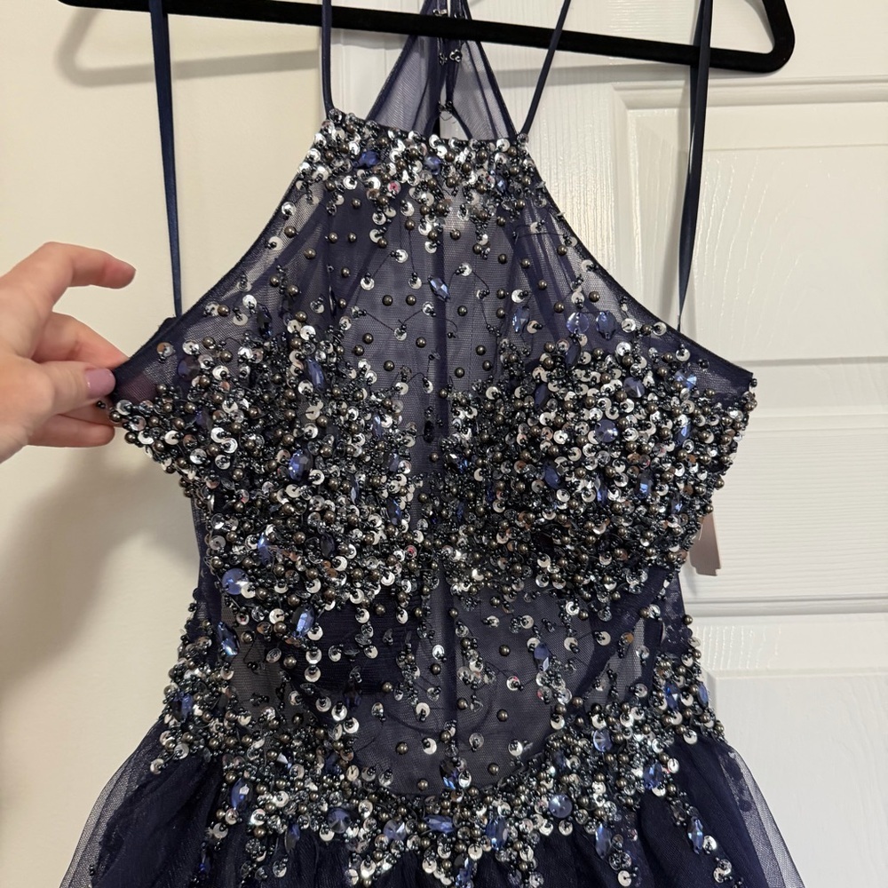 GB Stunning Navy Silver Beaded Sequins Formal Halter Dress Size 13, NWT - Picture 3 of 14